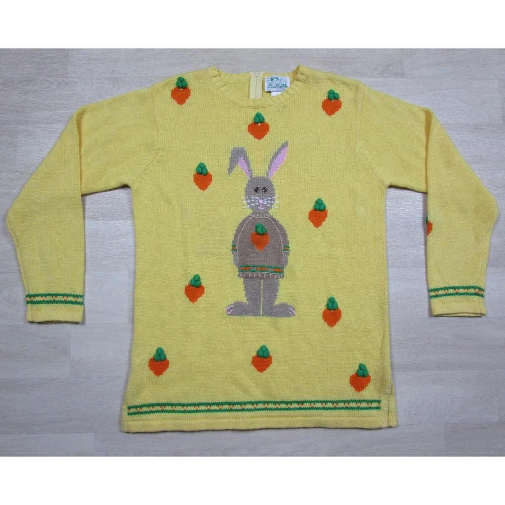 Vintage Quacker Factory Sweater Womens (S) Yellow Easter Bunny Spring 2000s